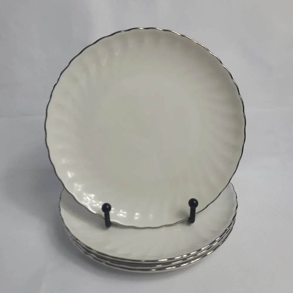 FOUR Syracuse China Wedding Ring Salad Plates White with Platinum Trim